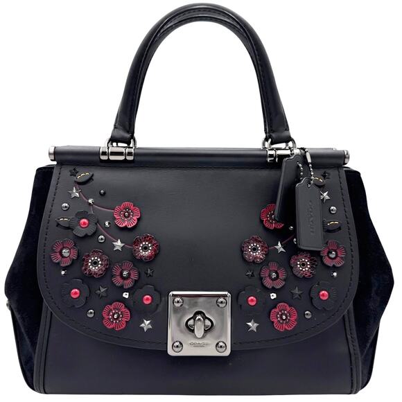 Coach Tea Rose Drifter Turnlock Satchel Floral Appliqué Black Leather 59522 - Picture 1 of 15